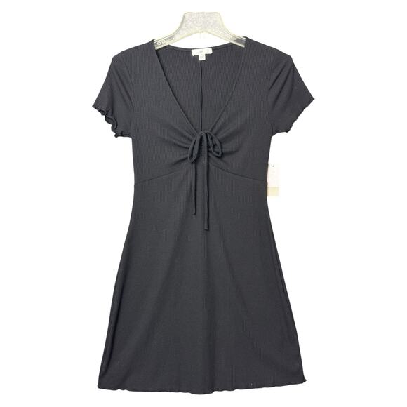 Black Mini Dress Babydoll Rib Knit Lettuce Edge Tie Front BP S Whimsigoth Retro - Picture 8 of 15